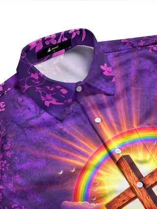 Adaychic Men's Hawaiian Noahs Ark And Holy Cross Print Long Sleeve Shirt with Chest Pocket