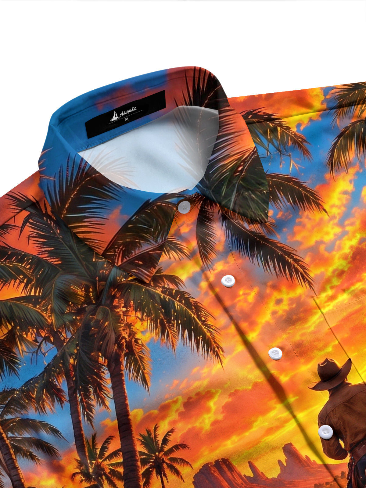 Adaychic Men's Long Sleeve Stand Collar Shirt - Cowboy On Horseback At Beach Sunset Print