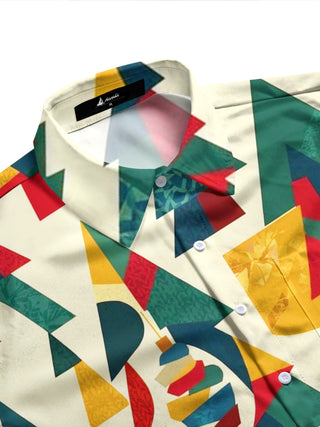 Adaychic Men's Geometric Christmas Trees And Ornaments Print Long Sleeve Shirt with Chest Pocket