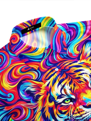 Adaychic Men's Colorful Psychedelic Tiger Face Print Short Sleeve Shirt with Chest Pocket