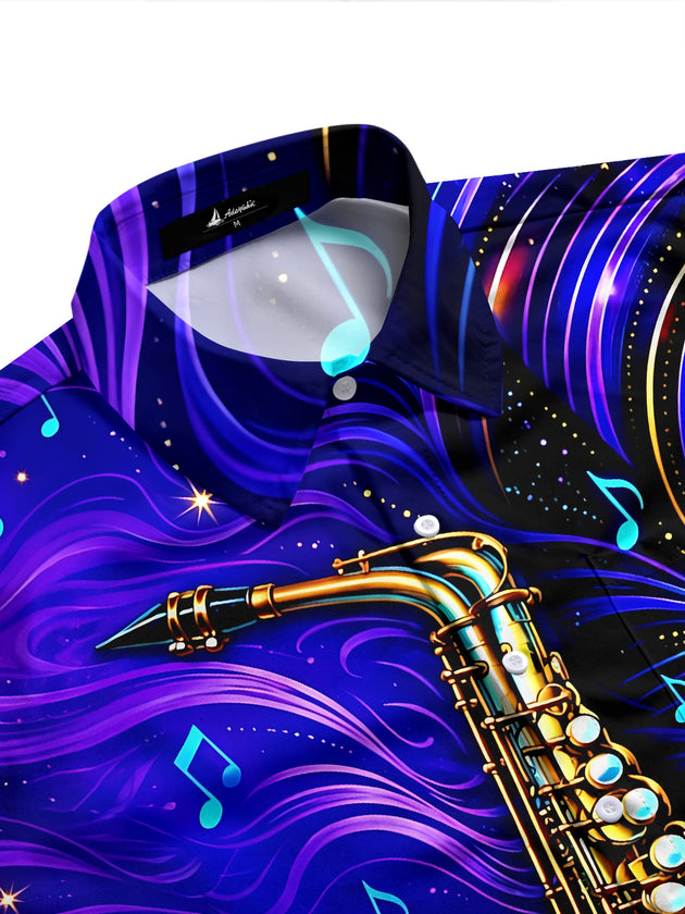 Adaychic Men's Graphic Saxophone And Musical Notes Print Long Sleeve Shirt with Chest Pocket