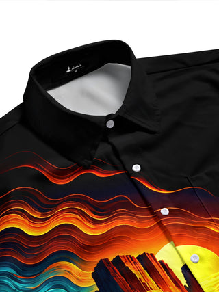 Adaychic Men's Neon Wave Canyon Sunset Landscape Print Short Sleeve Shirt with Chest Pocket