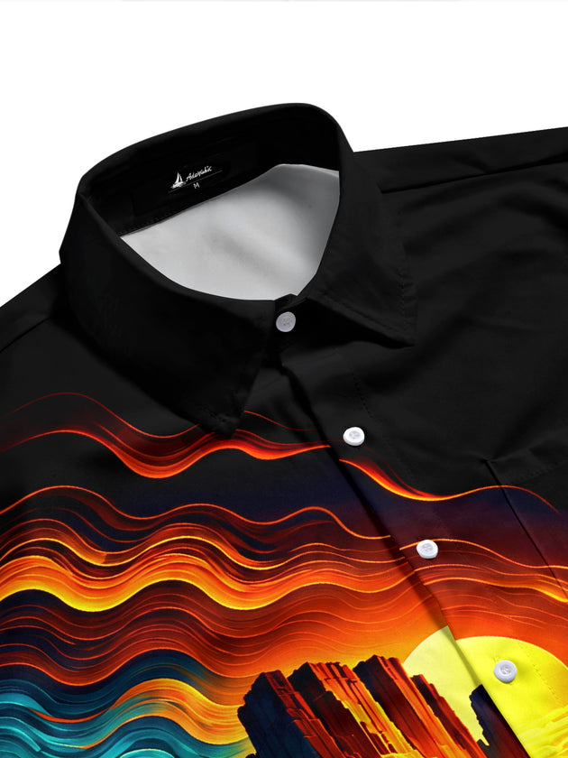 Adaychic Men's Neon Wave Canyon Sunset Landscape Print Short Sleeve Shirt with Chest Pocket