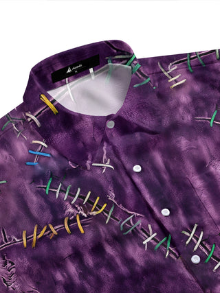 Adaychic Men's Short Sleeve Shirt - Purple Tie Dye With Colorful Stitching Pattern with Chest Pocket