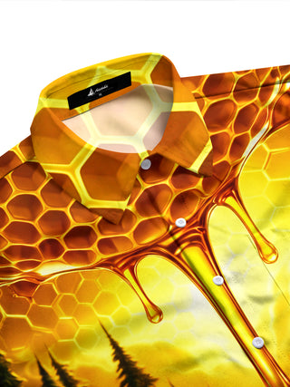 Adaychic Men's Printed Honeycomb And Dripping Honey Print Long Sleeve Shirt with Chest Pocket