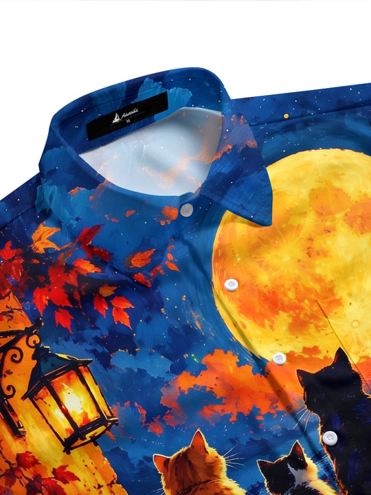 Adaychic Men's Short Sleeve Shirt - Cats On Wall With Moon And Autumn Leaves Print with Chest Pocket