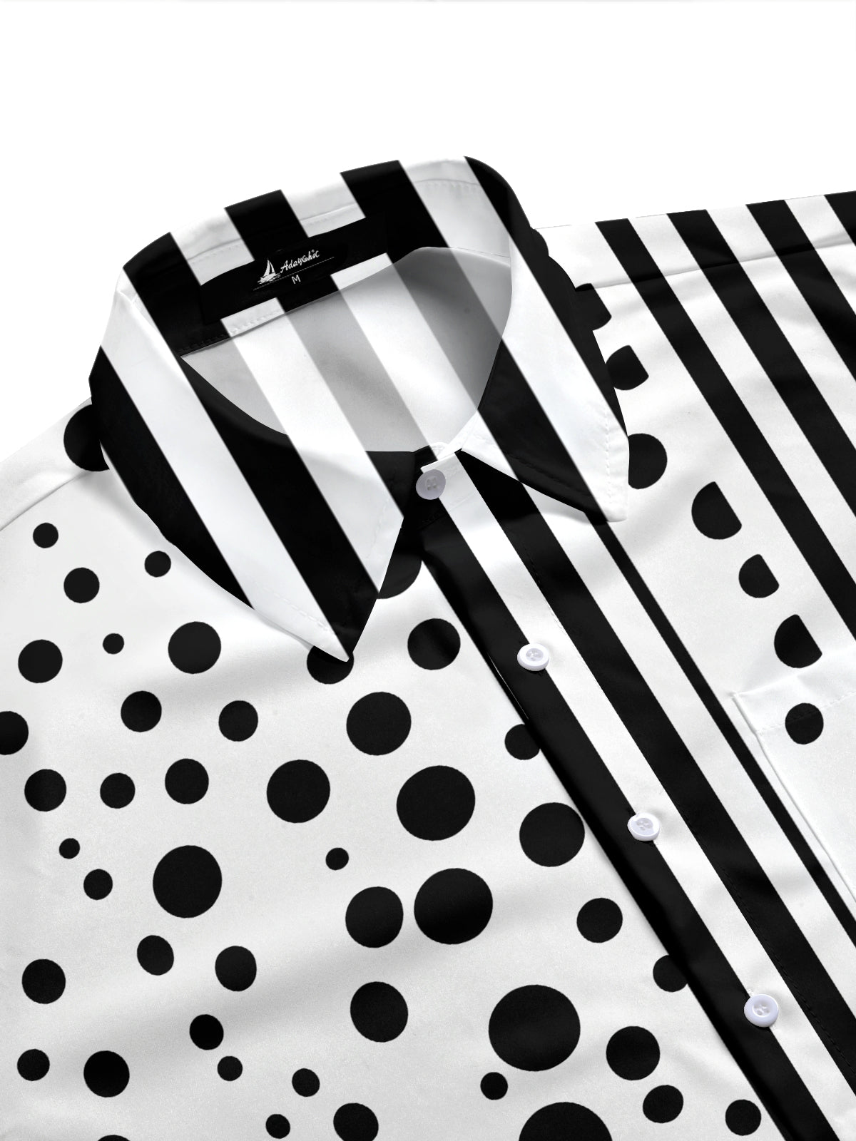 Adaychic Men's Printed Black And White Polka Dots Print Short Sleeve Shirt with Chest Pocket