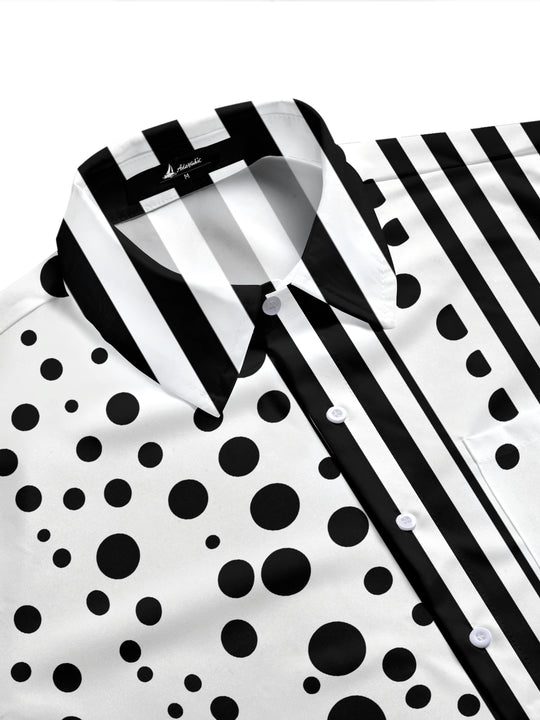 Adaychic Men's Printed Black And White Polka Dots Print Short Sleeve Shirt with Chest Pocket