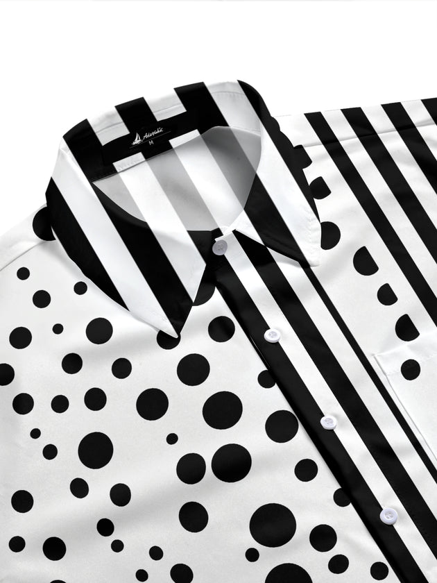 Adaychic Men's Printed Black And White Polka Dots Print Short Sleeve Shirt with Chest Pocket
