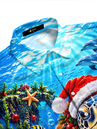 Adaychic Men's Long Sleeve Shirt - Sea Turtle Wearing Santa Hat And Christmas Wreath Print with Chest Pocket
