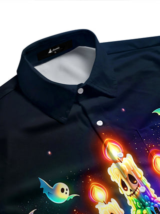 Adaychic Men's Graphic Halloween Candelabra Print Short Sleeve Shirt with Chest Pocket