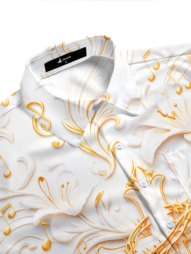 Adaychic Men's 3D Golden Cross With Crown Of Thorns Print Short Sleeve Shirt with Chest Pocket
