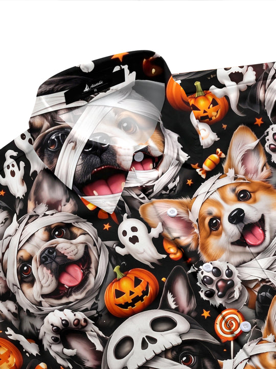 Adaychic Men's Halloween Mummy Dogs And Pumpkins Print Short Sleeve Shirt with Chest Pocket