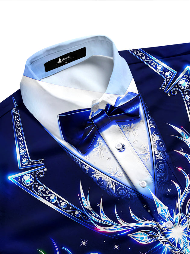 Adaychic Men's Long Sleeve Shirt - Neon Crystal Reindeer And Christmas Ornaments Print with Chest Pocket