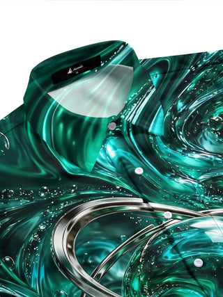 Adaychic Men's Short Sleeve Shirt - Abstract Swirling Liquid And Metallic Rings Print with Chest Pocket