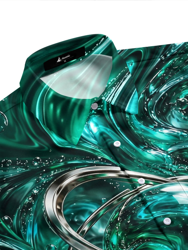 Adaychic Men's Short Sleeve Shirt - Abstract Swirling Liquid And Metallic Rings Print with Chest Pocket