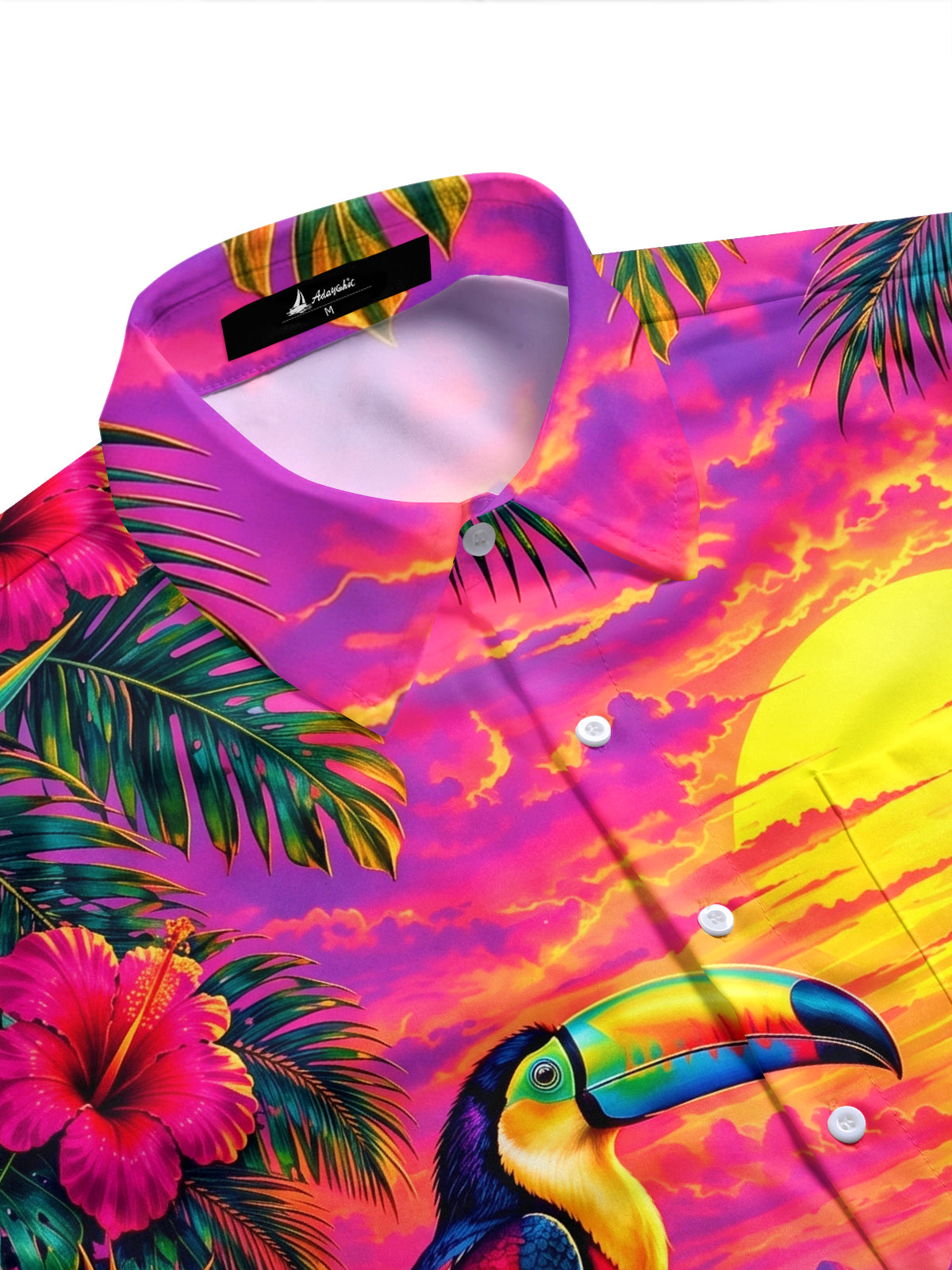 Adaychic Men's Hawaiian Toucan Sunset Landscape Print Short Sleeve Shirt with Chest Pocket