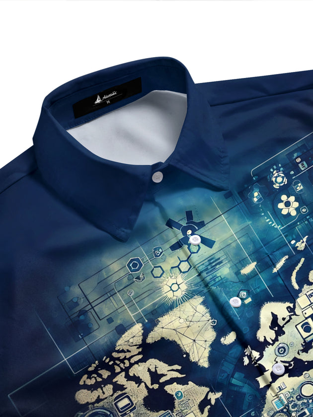 Adaychic Men's Graphic Digital World Map Print Short Sleeve Shirt with Chest Pocket