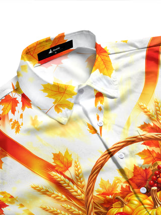Adaychic Men's Long Sleeve Shirt - Harvest Autumn Harvest Basket With Pumpkins Apples And Wheat Print with Chest Pocket