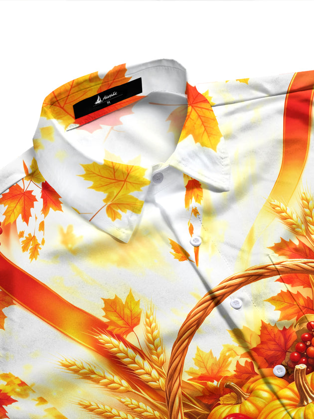 Adaychic Men's Long Sleeve Shirt - Harvest Autumn Harvest Basket With Pumpkins Apples And Wheat Print with Chest Pocket