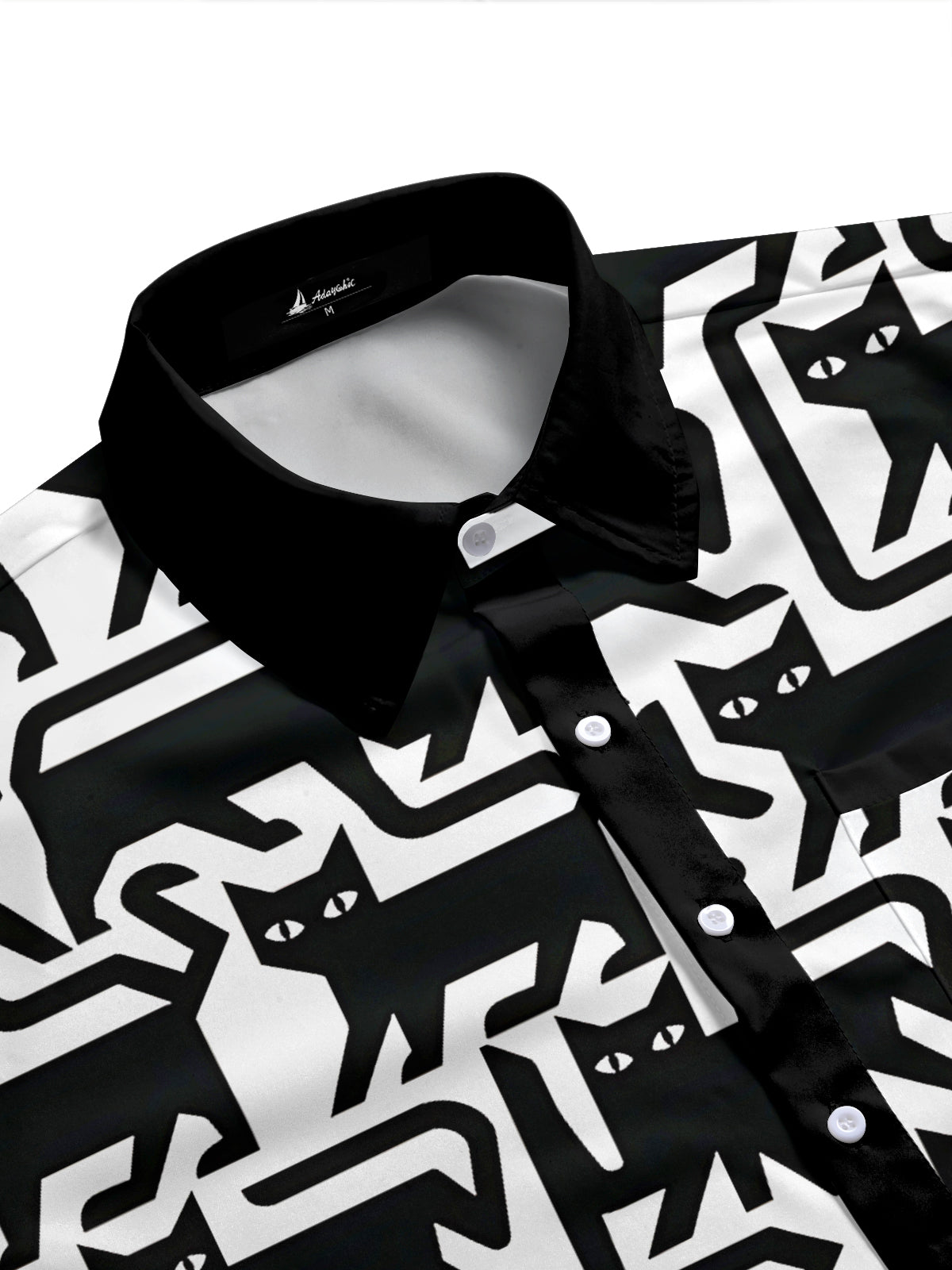 Adaychic Men's Graphic Black Cat Pattern Halloween Cat Print Short Sleeve Shirt with Chest Pocket