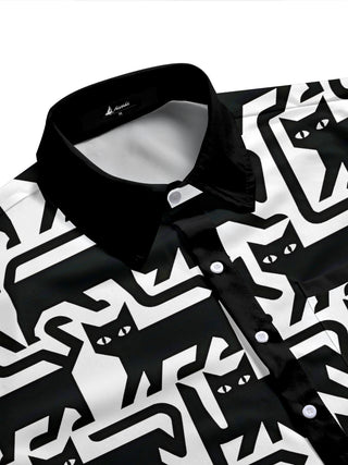 Adaychic Men's Graphic Black Cat Pattern Halloween Cat Print Short Sleeve Shirt with Chest Pocket