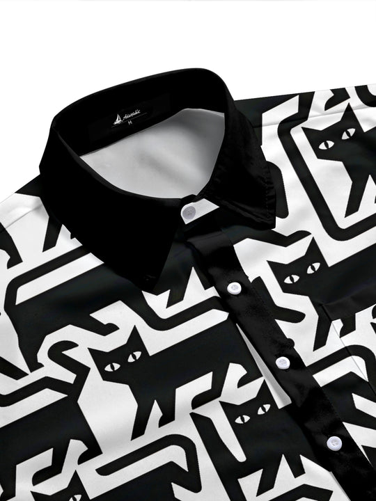 Adaychic Men's Graphic Black Cat Pattern Halloween Cat Print Short Sleeve Shirt with Chest Pocket