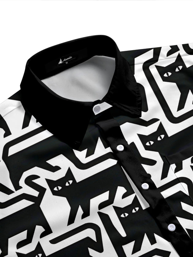 Adaychic Men's Graphic Black Cat Pattern Halloween Cat Print Short Sleeve Shirt with Chest Pocket