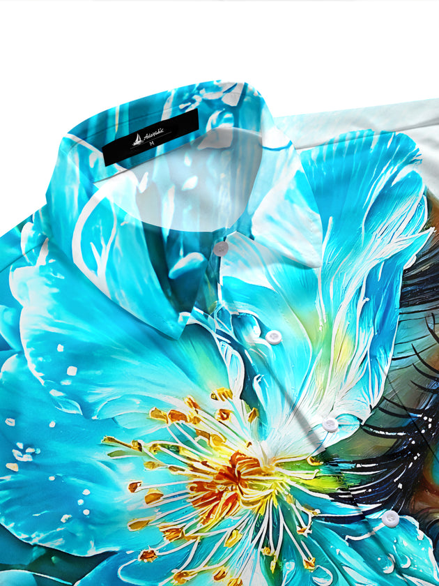 Adaychic Blue Flower Human Eye Men's Short Sleeve Shirt with Chest Pocket