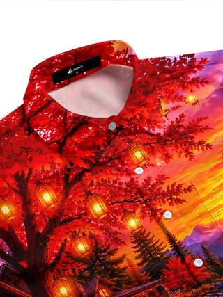 Adaychic Men's Hawaiian Sunset Lake Landscape Print Short Sleeve Shirt with Chest Pocket