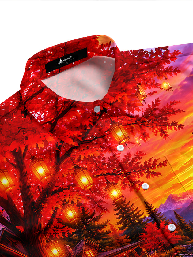 Adaychic Men's Hawaiian Sunset Lake Landscape Print Short Sleeve Shirt with Chest Pocket