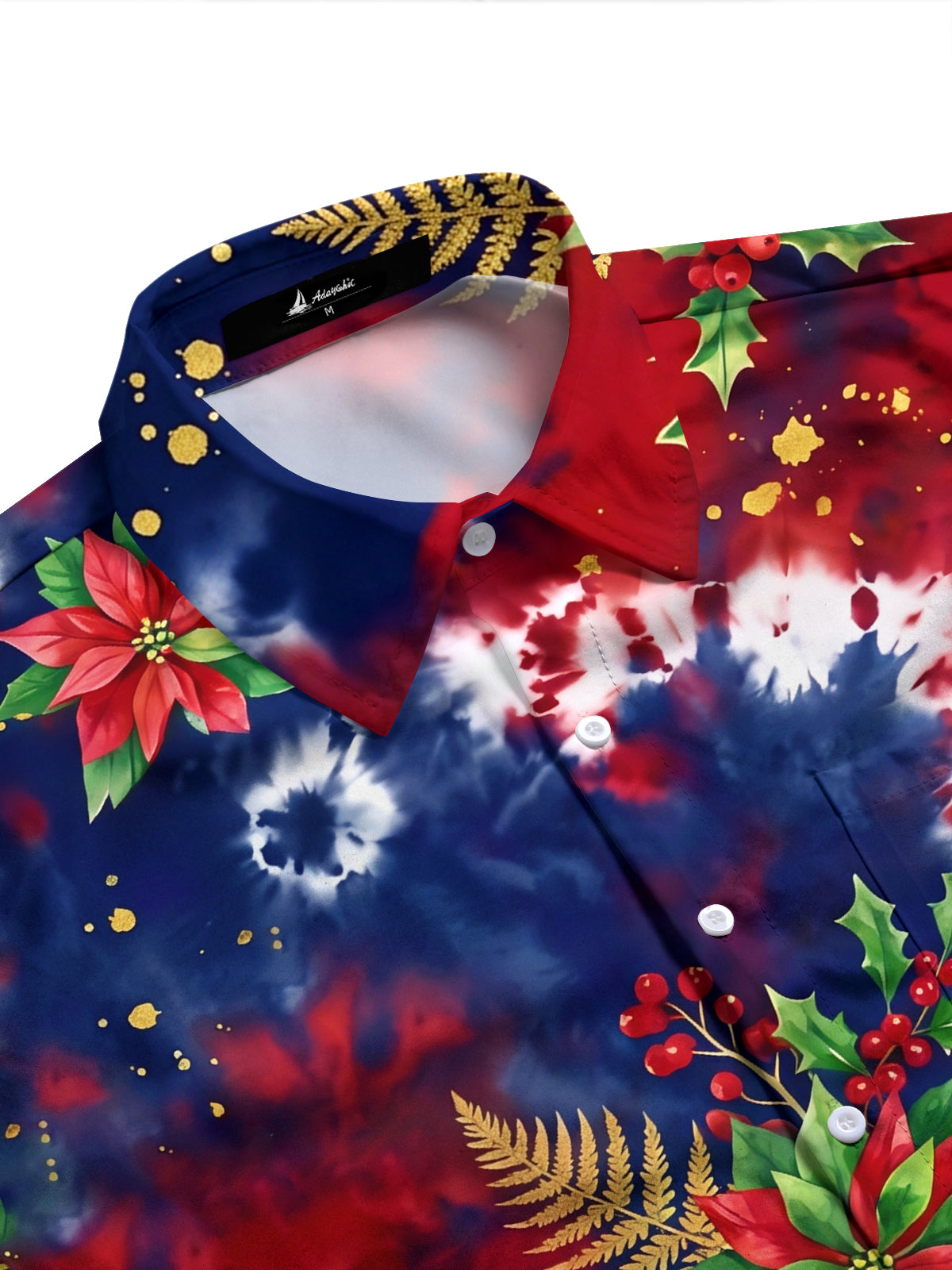 Adaychic Men's Long Sleeve Shirt - Christmas Poinsettia And Holly With Gold Ferns Print with Chest Pocket