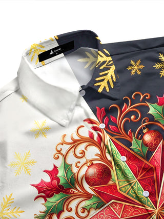 Adaychic Men's Christmas Star Holly Baubles Snowflakes Print Long Sleeve Shirt with Chest Pocket