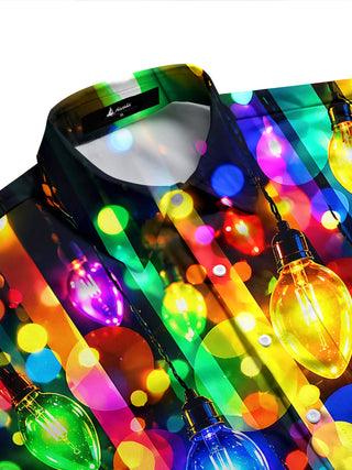 Adaychic Men's Printed Colorful Christmas Light Bulbs Print Long Sleeve Shirt with Chest Pocket