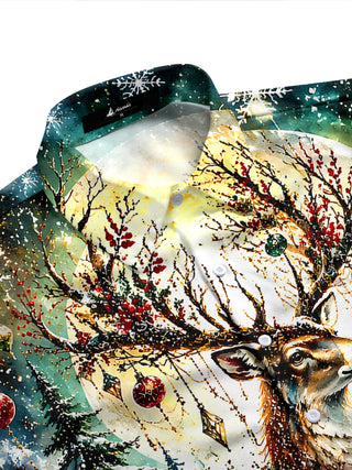 Adaychic Men's Graphic Christmas Elk Print Long Sleeve Shirt with Chest Pocket