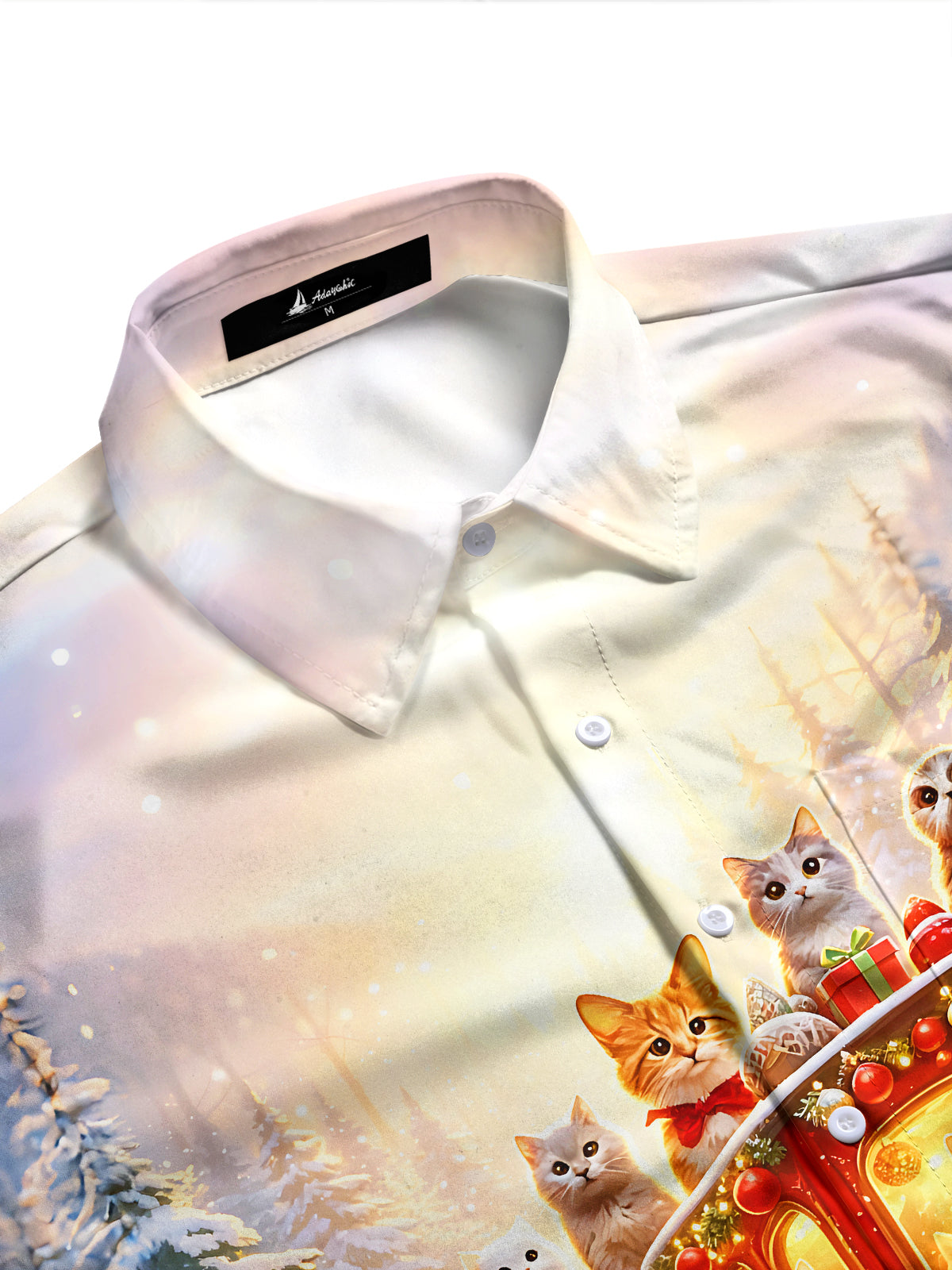 Adaychic Men's Graphic Christmas Cat Train Print Long Sleeve Shirt with Chest Pocket