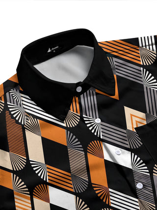 Adaychic Men's Patterned Geometric Fan Art Pattern Long Sleeve Shirt with Chest Pocket