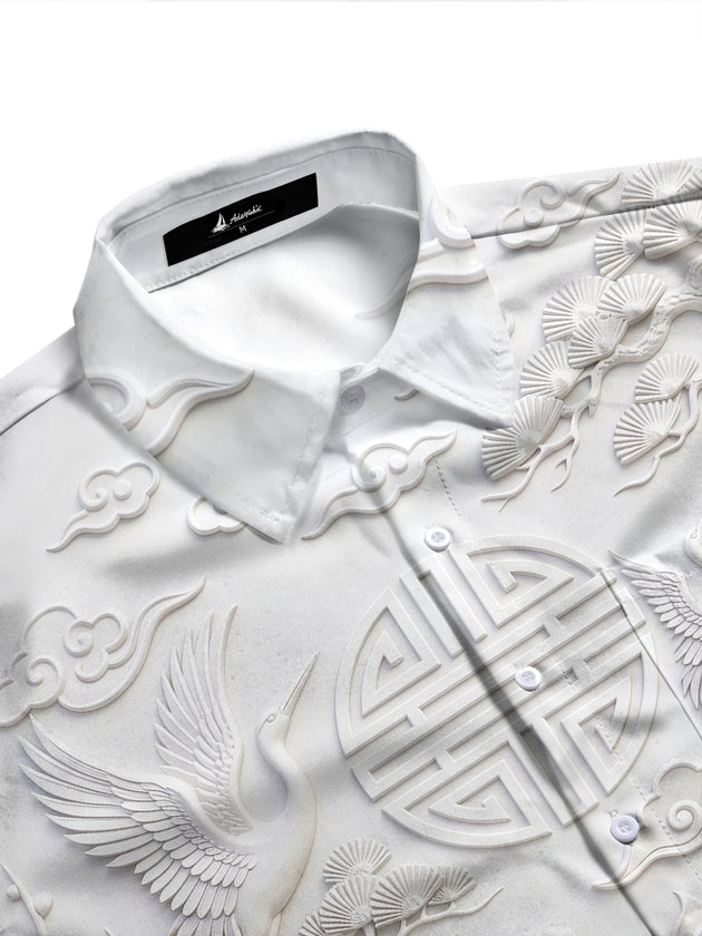 Adaychic Men's Graphic Stone Lion Print Crane Print Long Sleeve Shirt with Chest Pocket
