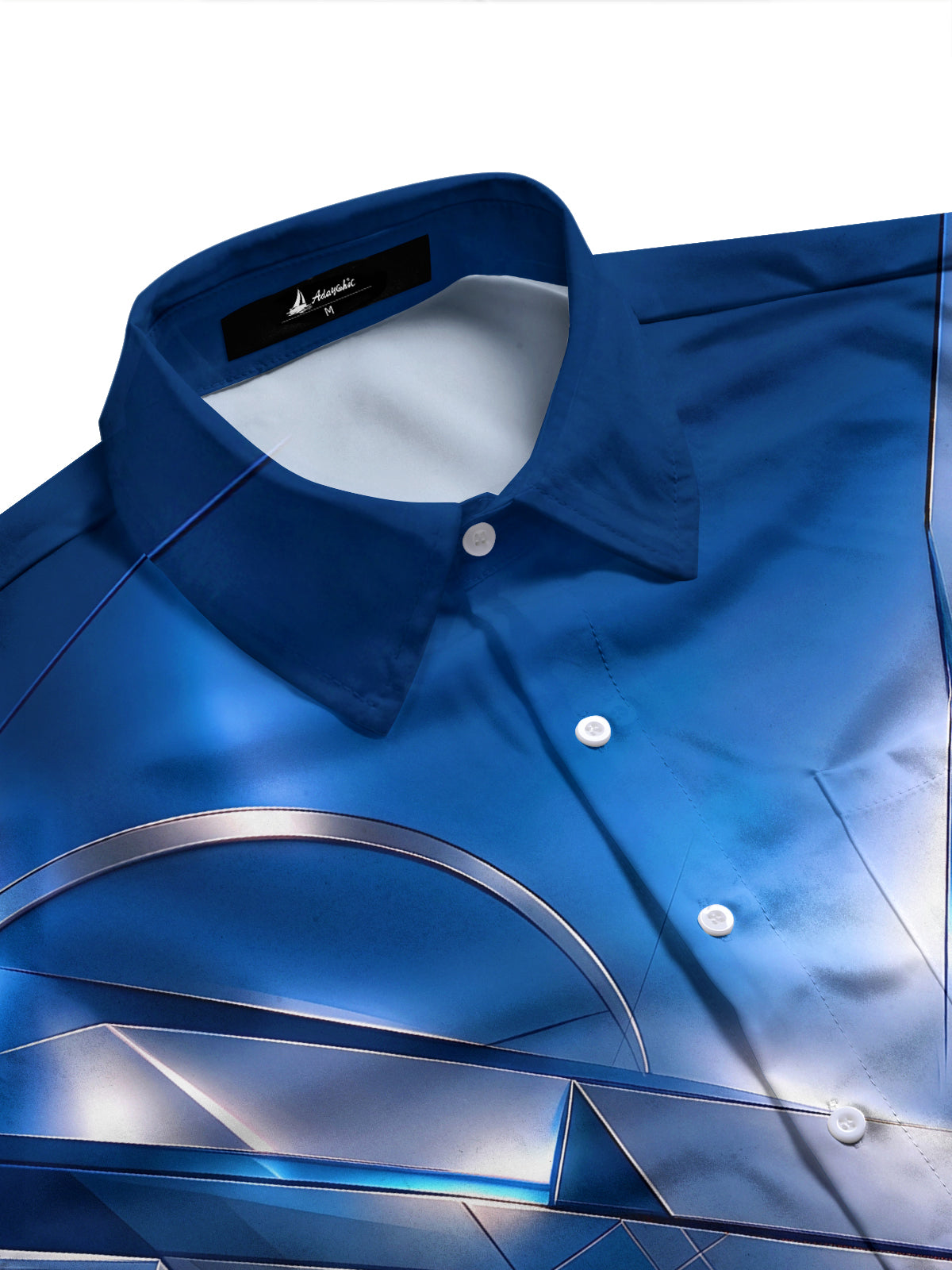 Adaychic Men's Long Sleeve Shirt - Blue And Silver Metallic Geometric Facets Print with Chest Pocket