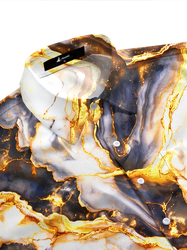 Adaychic Men's Patterned Black Gold Gilded Marble Print Short Sleeve Shirt with Chest Pocket