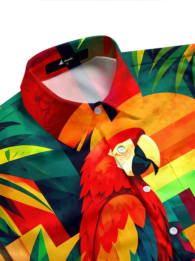 Adaychic Men's Hawaiian Parrots And Sunset Print Short Sleeve Shirt with Chest Pocket