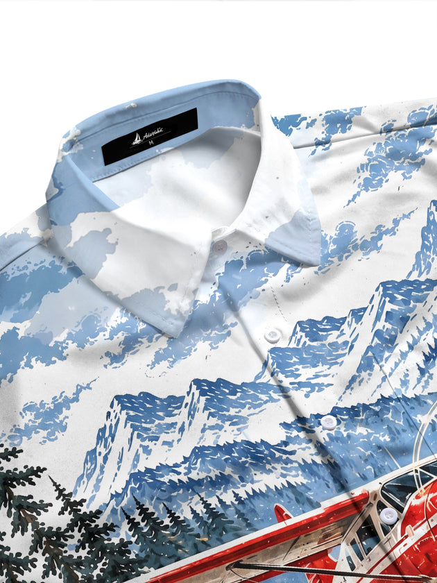Adaychic Men's Graphic Vintage Snow Seaplane Print Long Sleeve Shirt with Chest Pocket