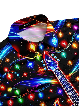 Adaychic Men's Long Sleeve Shirt - Neon Electric Guitar And Christmas Light Strings Print with Chest Pocket