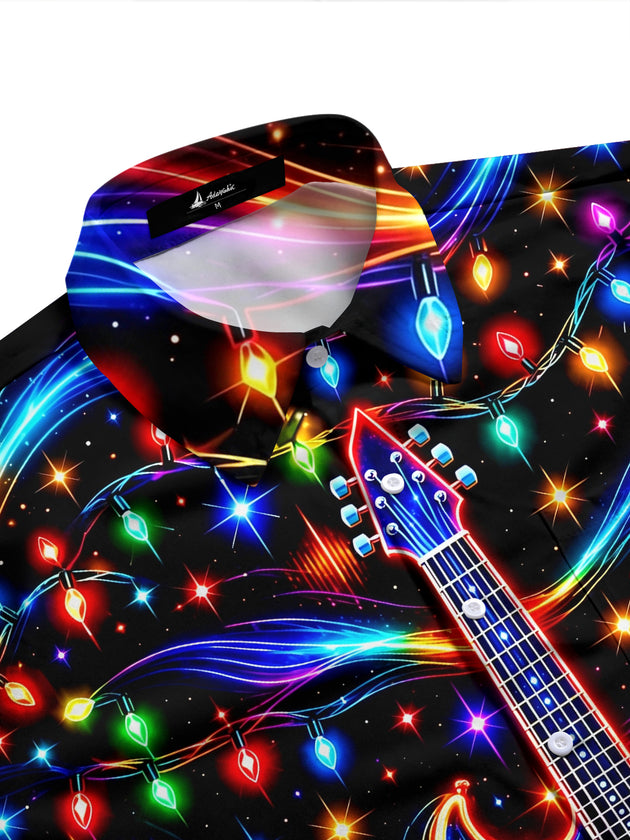 Adaychic Men's Long Sleeve Shirt - Neon Electric Guitar And Christmas Light Strings Print with Chest Pocket