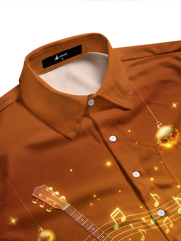 Adaychic Men's Graphic Christmas Guitar Print Long Sleeve Shirt with Chest Pocket