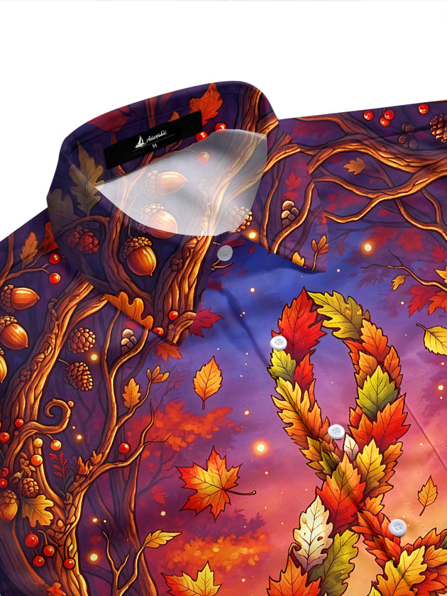 Adaychic Men's Short Sleeve Shirt - Autumn Forest Treble Clef Made Of Leaves Print with Chest Pocket