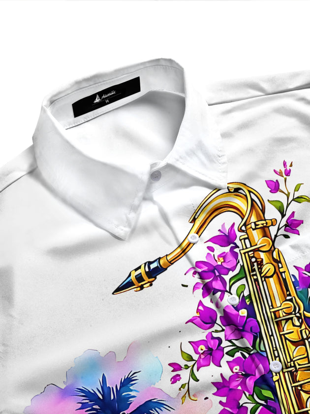 Adaychic Men's Hawaiian Saxophone And Purple Flowers Print Long Sleeve Shirt with Chest Pocket