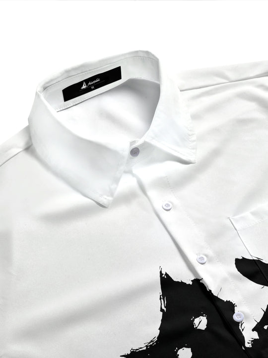 Adaychic Men's Graphic Black Cat Print Short Sleeve Shirt with Chest Pocket