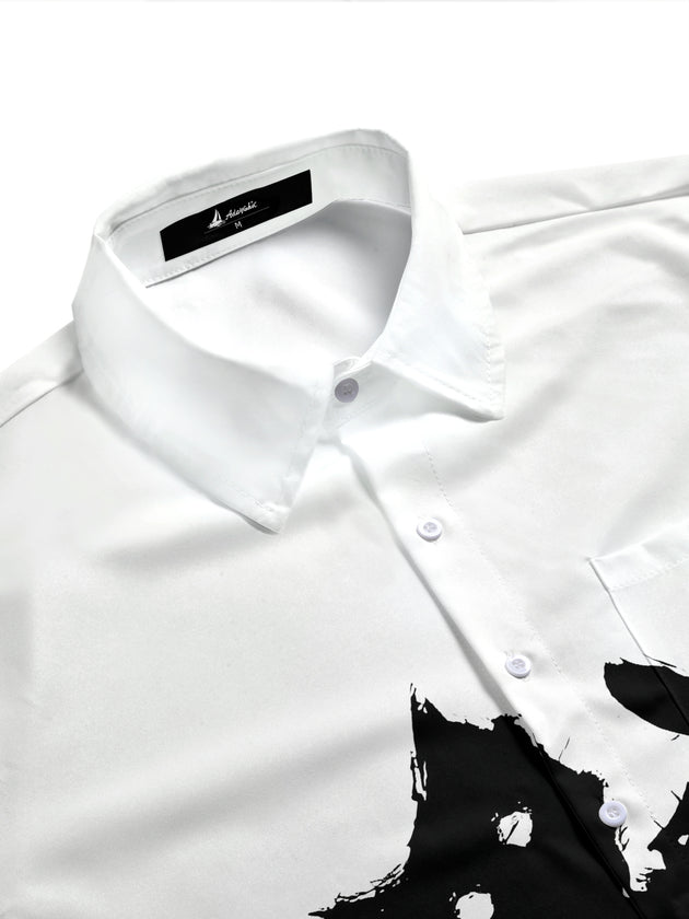 Adaychic Men's Graphic Black Cat Print Short Sleeve Shirt with Chest Pocket