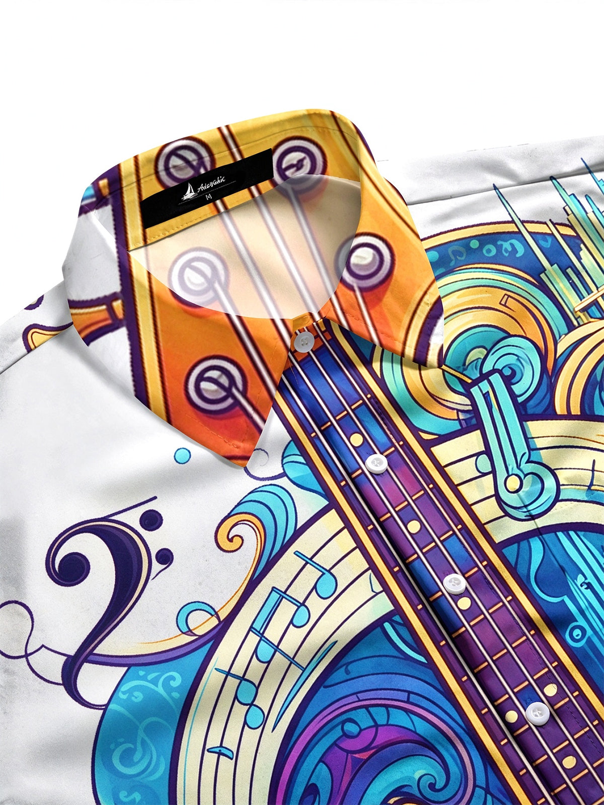 Adaychic Men's Long Sleeve Shirt - Psychedelic Bass Guitar And Musical Notes Print with Chest Pocket